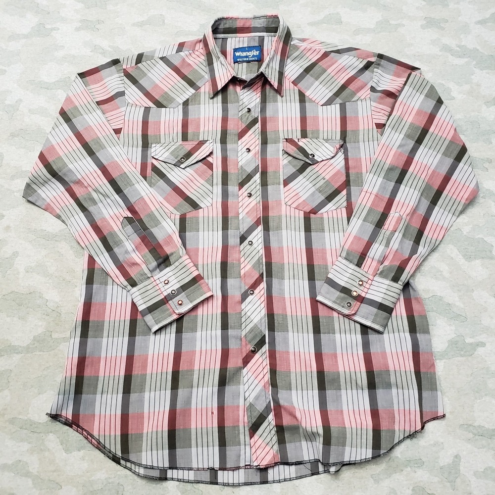 Wrangler Western Shirt Mens Large Pink Pockets Pearl Snap Long Sleeve Cowboy